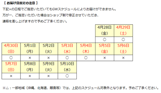 ゴールデンウィーク中の営業と発送について
